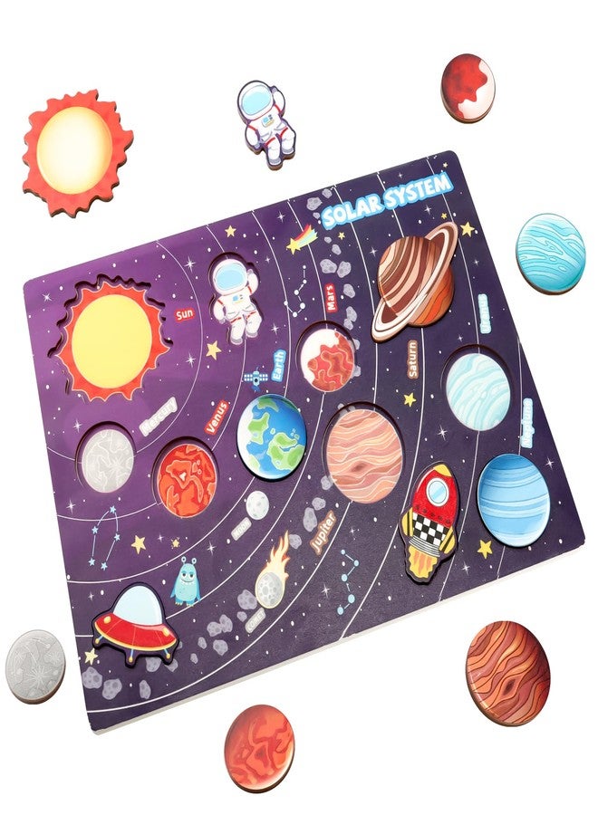 Gserin Wooden Solar System Puzzle for Kids, Montessori Toys Movable Planets Board Game for Toddlers, Outer Space Themed Preschool Science STEM Learning Activity - Image 1